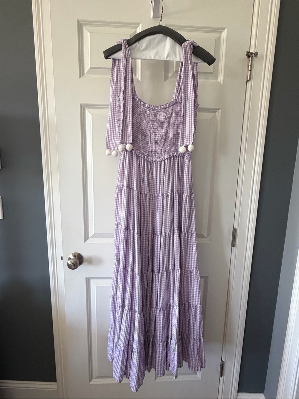 BCX Lavender Gingham Tie-Shoulder Maxi Dress